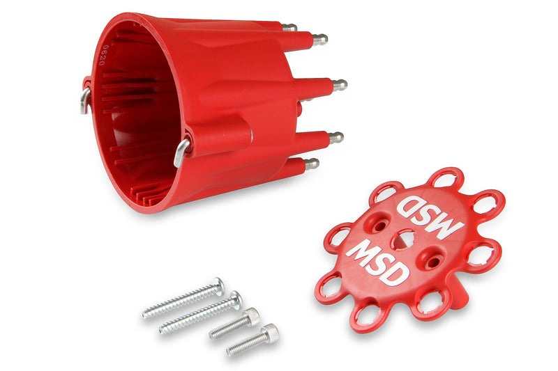 MSD 8433 Distributor Cap, V8 - HEI Terminals, Spark Plug Wire Retainer - Red
