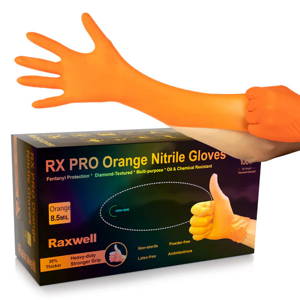 Raxwell RX50009 PRO Diamond Grip Orange Nitrile Gloves, 8.5mil, 1-Box (100 CT.) - X-Large