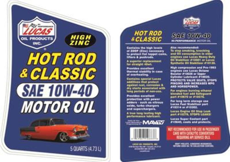 Lucas Oil 10683 Hot Rod & Classic Car Motor Oil SAE 10W-40, 5 Quart