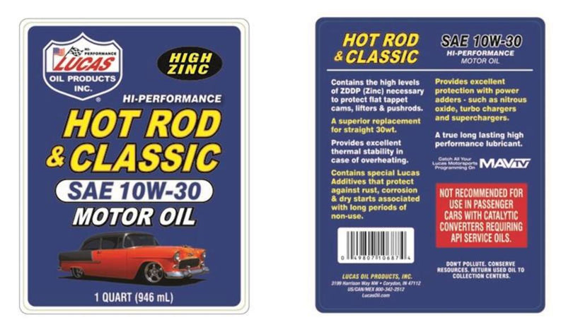 Lucas Oil 10687 Hot Rod & Classic Car Motor Oil SAE 10W-30, 1 Quart