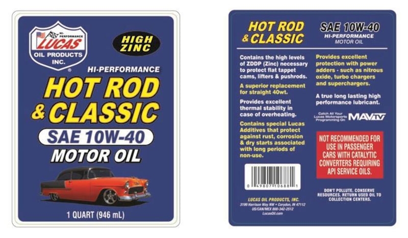 Lucas Oil 10688 Hot Rod & Classic Car Motor Oil SAE 10W-40, 1 Quart