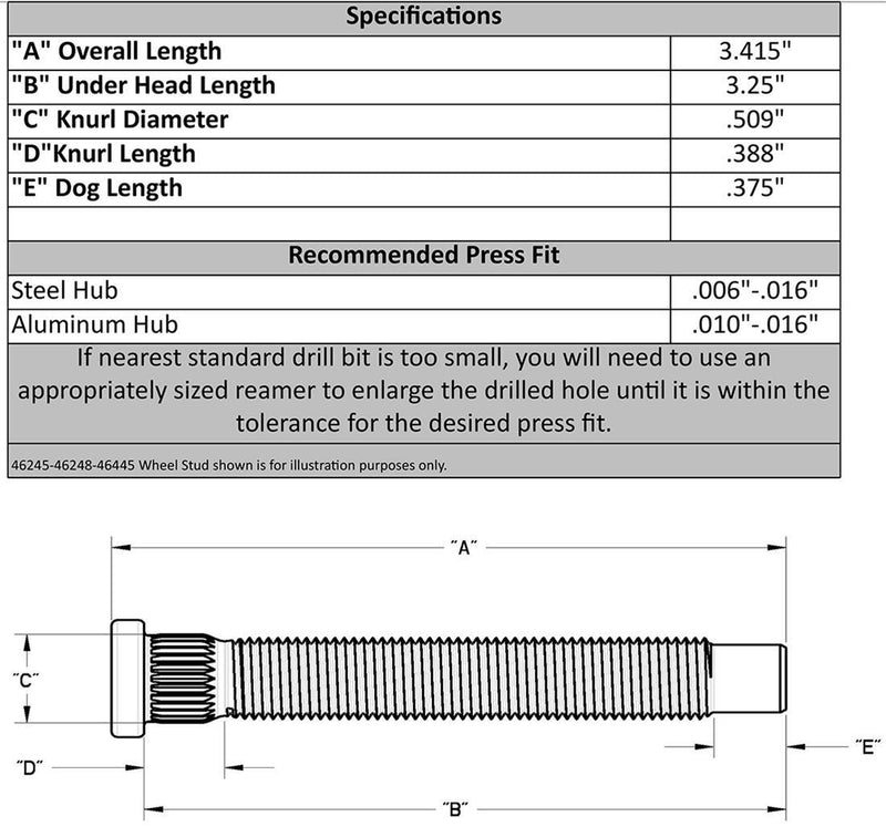 Moroso 46245 12MM - 1.5 X 3" Press-in Wheel Studs .509 Knurl