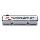 ProForm Valve Cover, Slant-Edge, Tall, Baffled, Breather Hole, Recessed Chevrolet Bowtie Logo, Aluminum, Polished, Small Block Chevy, Pair