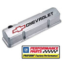 ProForm Valve Cover, Slant-Edge, Tall, Baffled, Breather Hole, Recessed Chevrolet Bowtie Logo, Aluminum, Polished, Small Block Chevy, Pair