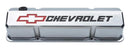 ProForm Valve Cover, Slant-Edge, Tall, Baffled, Breather Hole, Recessed Chevrolet Bowtie Logo, Aluminum, Polished, Small Block Chevy, Pair