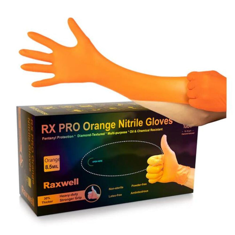 Raxwell RX50009 PRO Diamond Grip Orange Nitrile Gloves, 8.5mil, 1-Box (100 CT.) - X-Large