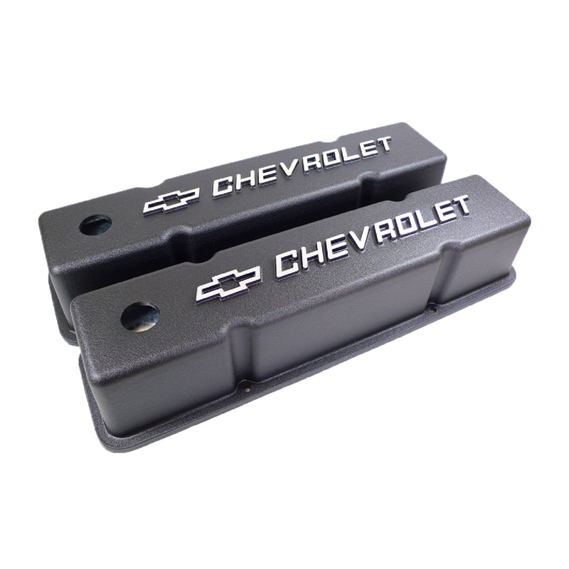 RPC R6336 SB Chevy Cast Aluminum Valve Covers w/ Chevy Logo - Black