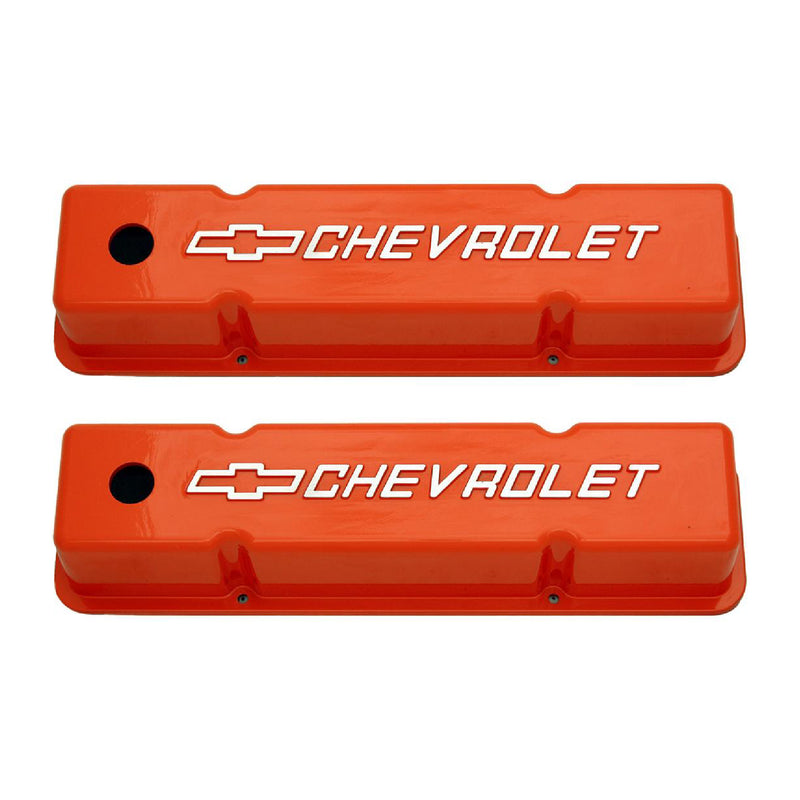 RPC R7618 SB Chevy Cast Aluminum Valve Covers w/ Chevy Logo - Orange